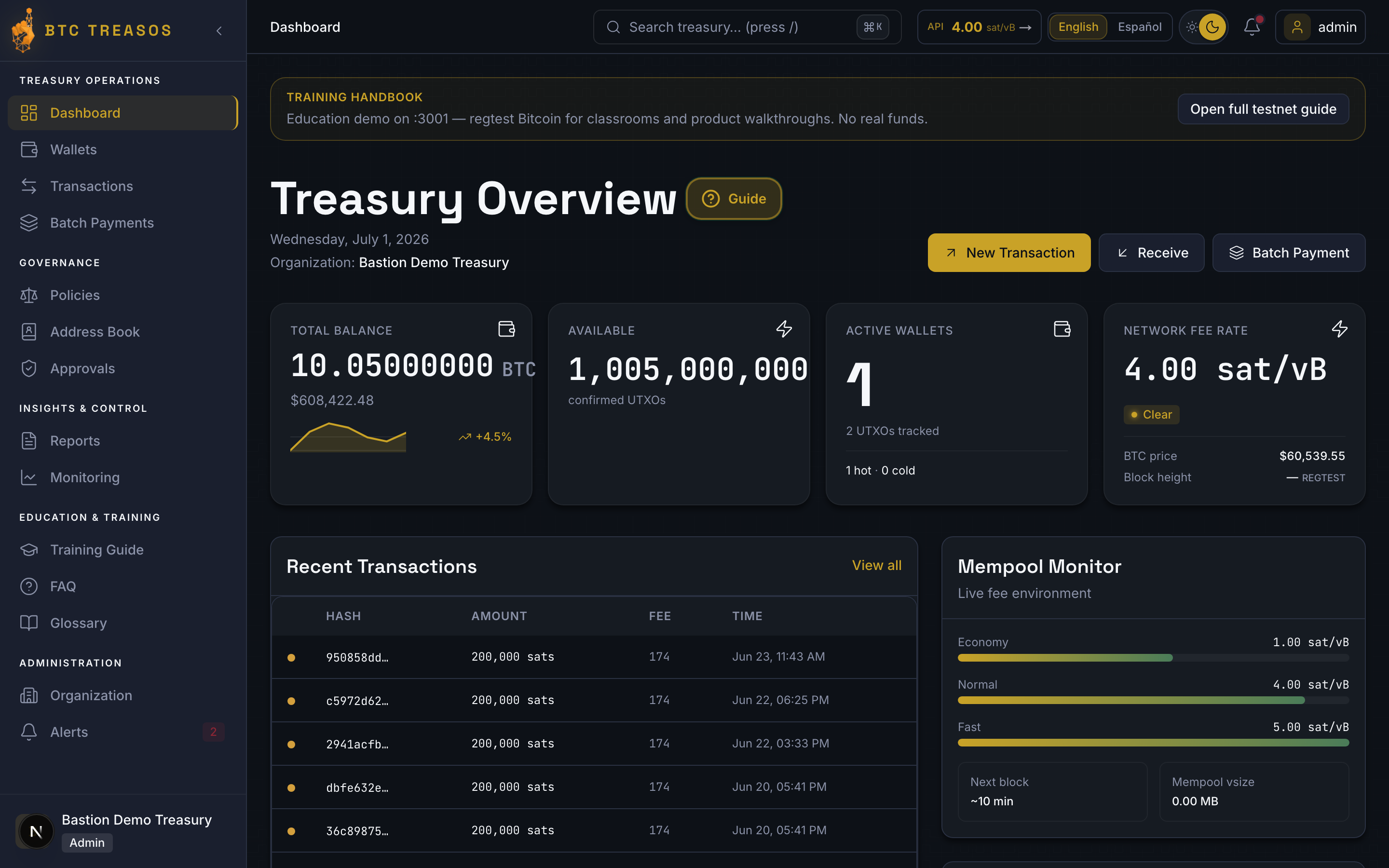 TreasOS demo treasury — ~10 BTC on Bastion Demo Treasury (regtest)